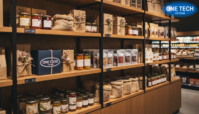 Kệ gỗ công nghiệp cho khu trưng bày nổi bật Kệ gỗ công nghiệp trưng bày đặc sản và quà biếu trong cửa hàng tạp hóa