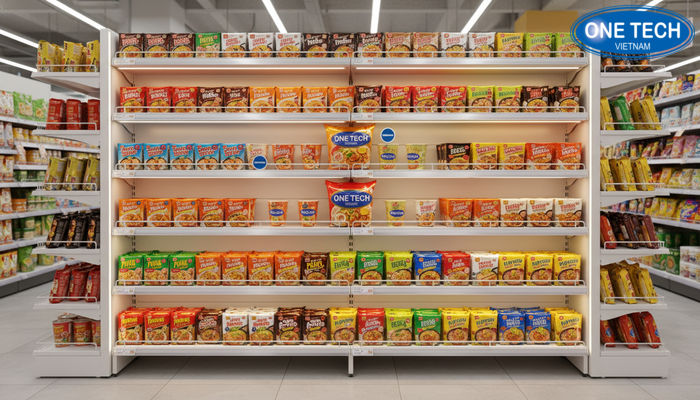 Kệ trưng bày mì tôm tích hợp đèn LED Kệ trưng bày mì tôm có đèn LED tạo điểm nhấn