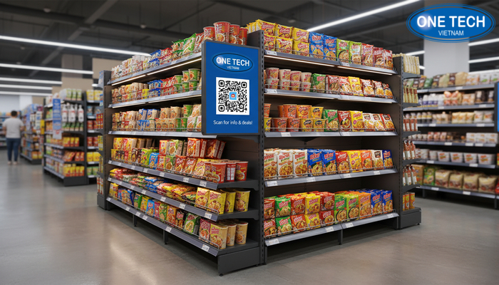 Kệ trưng bày mì tôm tích hợp QR code Kệ trưng bày mì tôm tích hợp QR code thông tin và khuyến mãi