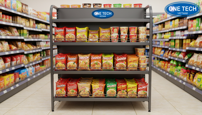Kệ mini trưng bày mì tôm Kệ mini trưng bày mì tôm cho cửa hàng diện tích nhỏ