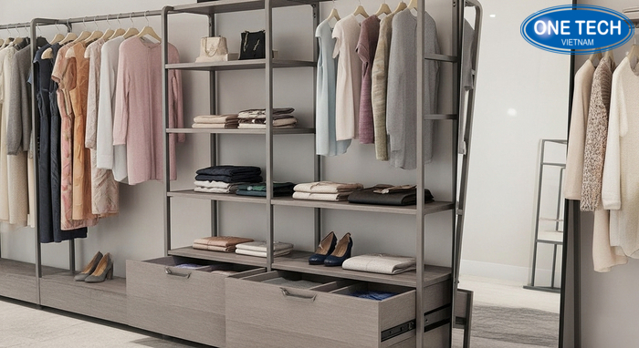 Ke trung bay thoi trang hien dai Ke trung bay shop quan ao hien dai tich hop den LED va guong