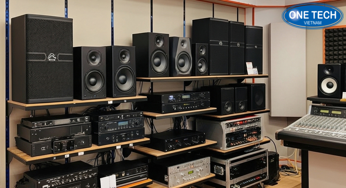 Phòng thu với kệ trưng bày loa và amply chuyên nghiệp