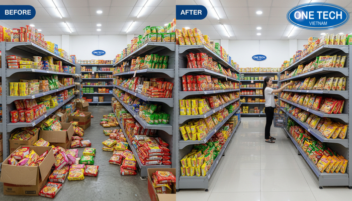 So sánh trước và sau khi lắp kệ trưng bày mì tôm So sánh quầy mì tôm trước và sau khi dùng kệ trưng bày mì tôm