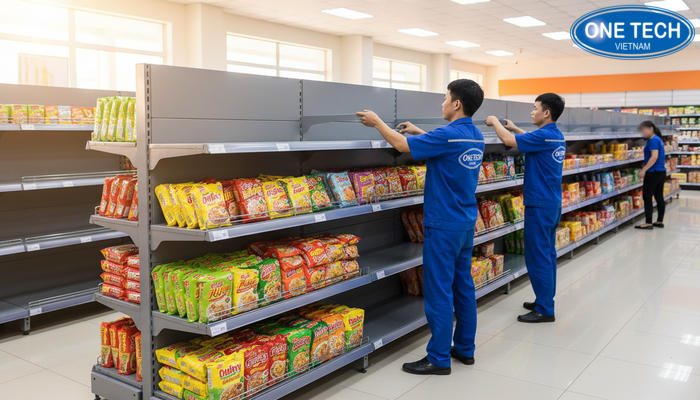 Thi công kệ trưng bày mì tôm Bắc Ninh Lắp đặt kệ trưng bày mì tôm tại cửa hàng ở Bắc Ninh