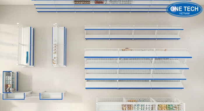 Gợi ý bố trí kệ tạp hóa tối ưu lối đi Mặt bằng bố trí kệ trưng bày hàng tạp hóa với lối đi thoáng