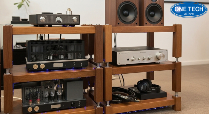 Mẫu kệ trưng bày loa 3 tầng bố trí loa, amply và phụ kiện