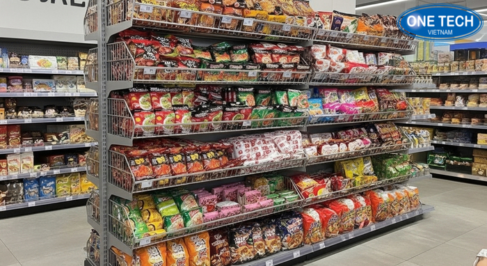 Kệ đứng trưng bày mì tôm Mẫu kệ đứng trưng bày mì tôm trong siêu thị mini