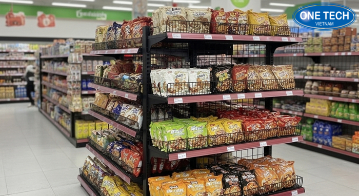 Kệ giỏ xếp tầng trưng bày mì tôm Mẫu kệ giỏ xếp tầng trưng bày mì tôm