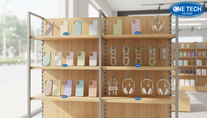 Mẫu kệ trưng bày phụ kiện điện thoại sử dụng vật liệu thân thiện môi trường