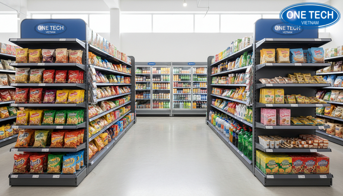 Mô hình kệ trưng bày hàng tạp hóa tối ưu không gian Mô hình cửa hàng tạp hóa sử dụng kệ trưng bày hàng tạp hóa tối ưu lối đi và nhóm hàng