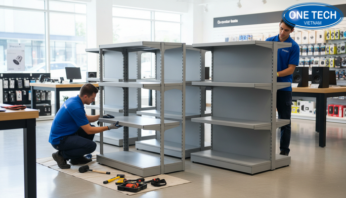 Quy trình giao hàng và lắp đặt kệ trưng bày loa gọn gàng, đúng kỹ thuật