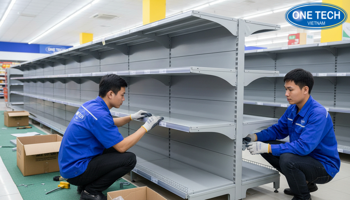 Quy trình lắp đặt kệ tạp hóa OneTech Quy trình lắp đặt kệ trưng bày hàng tạp hóa gọn nhanh của OneTech
