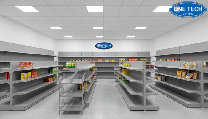 Showroom kệ siêu thị Bắc Ninh OneTech Khu trưng bày mẫu kệ trưng bày hàng tạp hóa tại OneTech Bắc Ninh