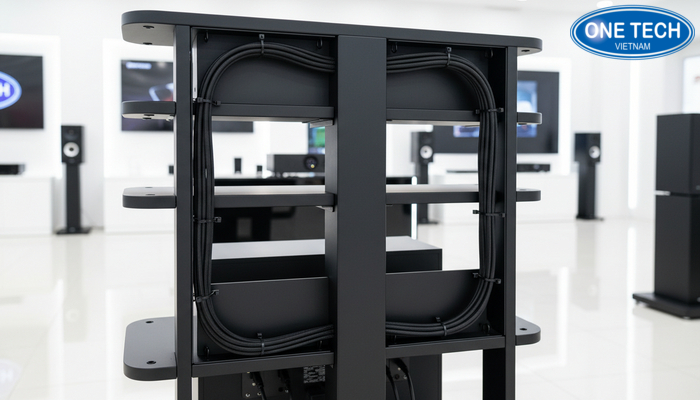 Sơ đồ quản lý dây cáp gọn gàng phía sau kệ trưng bày loa