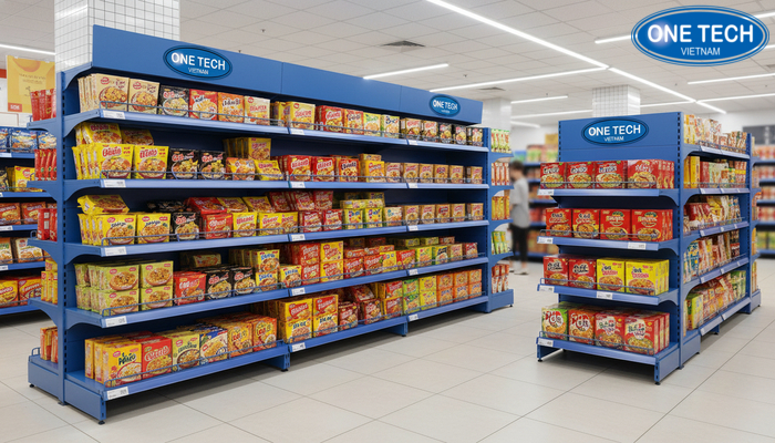 Kích thước tiêu chuẩn kệ trưng bày mì tôm So sánh kích thước và số tầng của các loại kệ trưng bày mì tôm