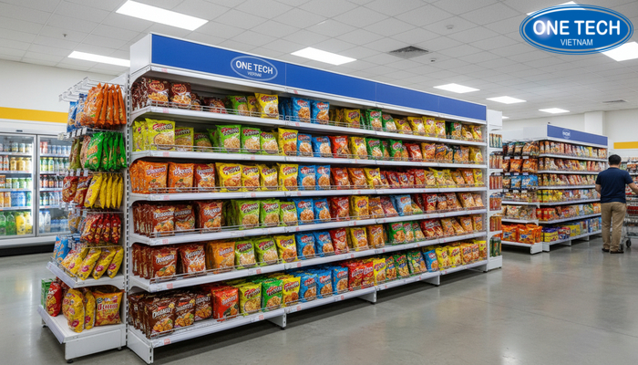 Kệ trưng bày mì tôm kết hợp đồ ăn vặt Trưng bày mì tôm kết hợp bim bim bánh kẹo để bán chéo