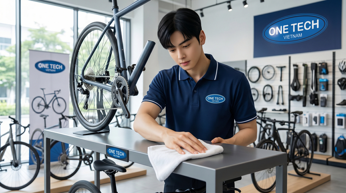 Minh họa vệ sinh kệ trưng bày xe đạp bằng khăn mềm