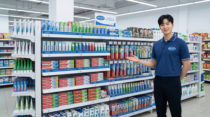 Kệ siêu thị nhiều tầng trưng bày kem đánh răng và bàn chải