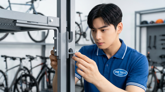 Minh họa kiểm tra móc treo và ốc vít của giá treo xe đạp