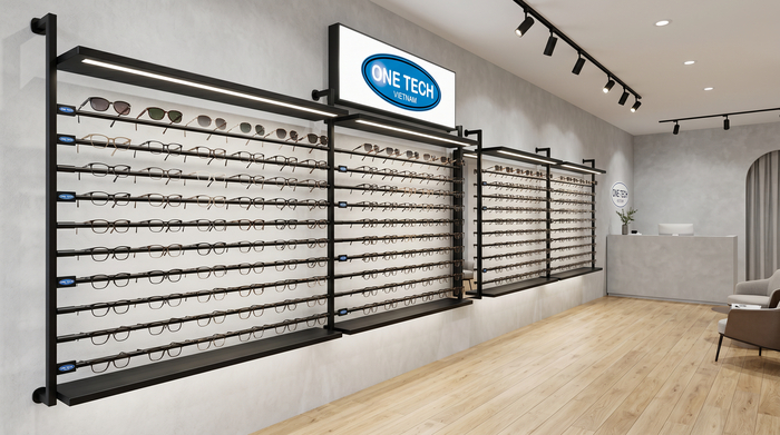 Mẫu kệ treo trưng bày kính mắt tiết kiệm không gian cho showroom kính mắt hiện đại