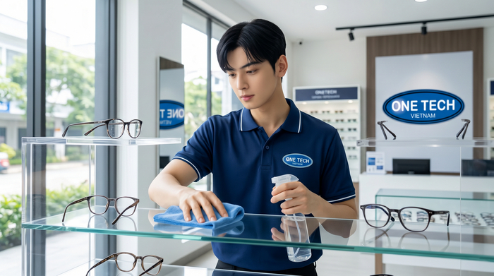 Minh họa quy trình vệ sinh và bảo dưỡng kệ trưng bày kính mắt bằng khăn mềm và dung dịch phù hợp